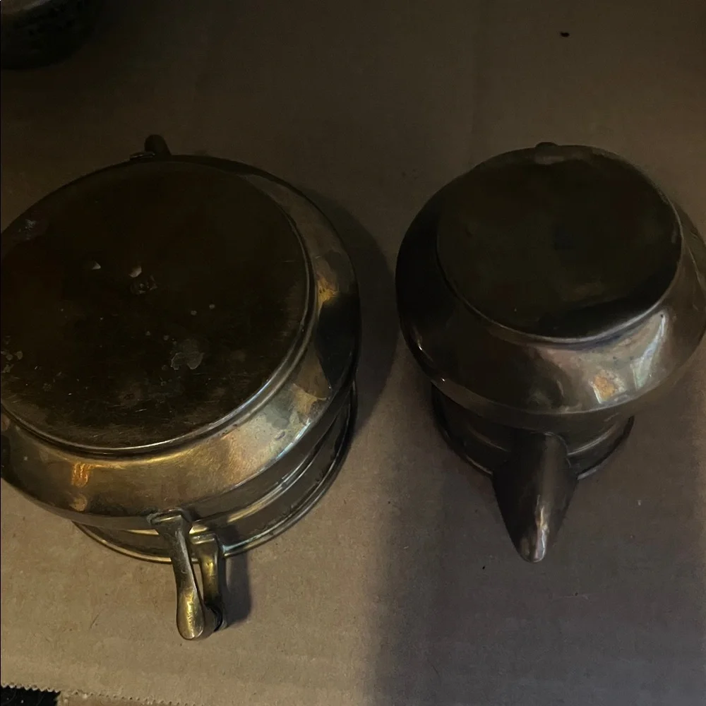 Vintage Brass Sugar Bowl and Creamer Set as found